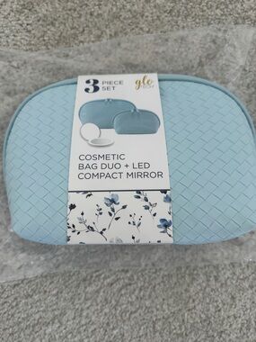 Glo Tech 3-Piece Cosmetic Bag Duo + LED Compact Mirror, Light Blue - NWT